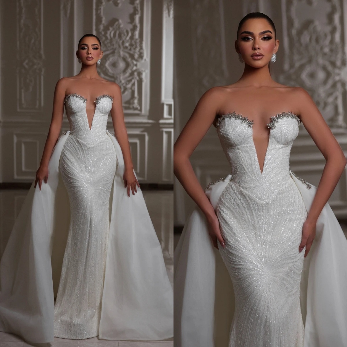 Deep V Neck Mermaid Wedding Dress Detachable Train Bride Robe Customized Sequined Rhies Bridal Gown vestidos de novia