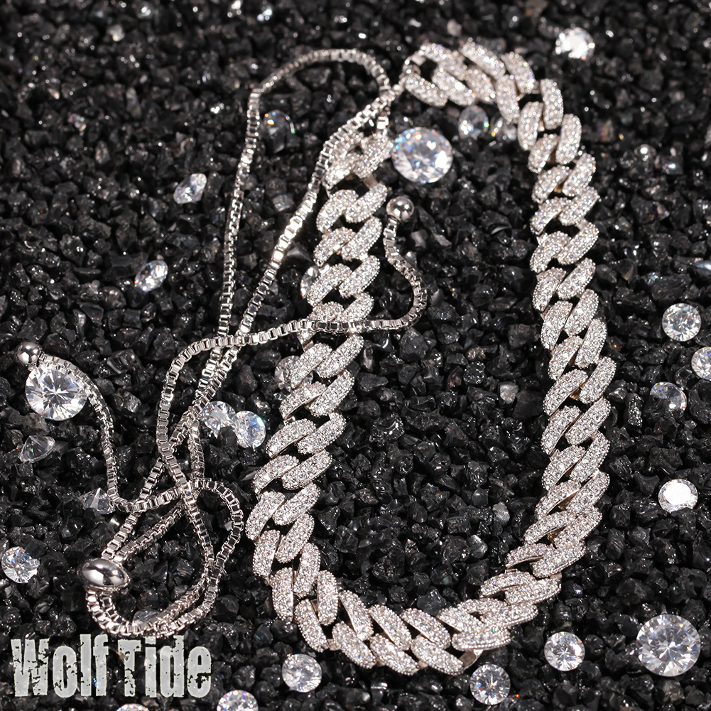 New Full Cubic Zirconia Cuban Link Chain Necklace Length Adjustable Hip Hop Iced Out Gemstone Diamond 18k Rose Gold Choker Necklaces For Women Collar 