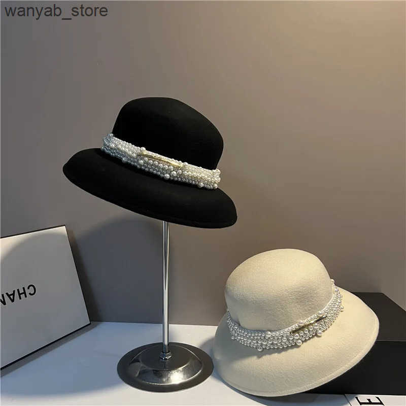 Cloches White black winter womens wool hat bowling hat with peanut belt womens church hat wedding charming hat L240910