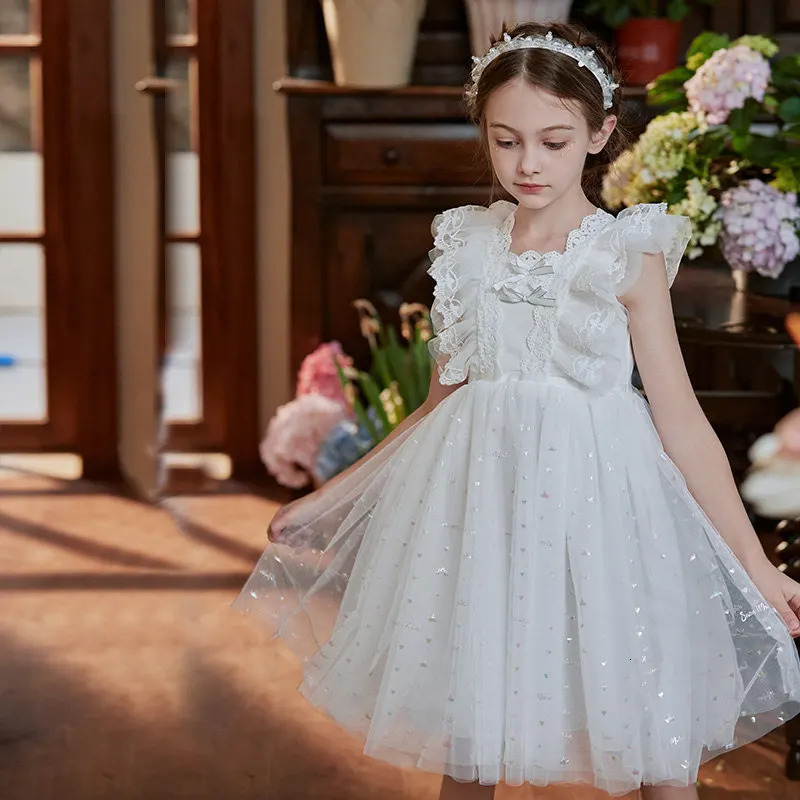Baby Girl Party Dress With Back Bowknot Sweet Lace Collar Wedding Performance Clothes Arrvials Summer Costume for Kids 241204
