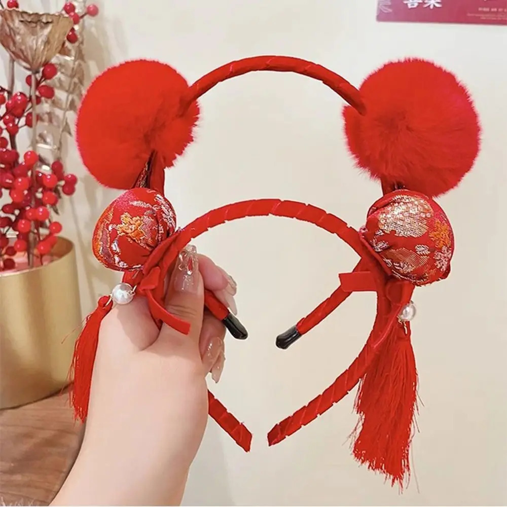 Red Hairband Year Hair Band Lovely Hairball Flower Chinese Style Headdress Headwear Tassel Bow Headband Girl 241122