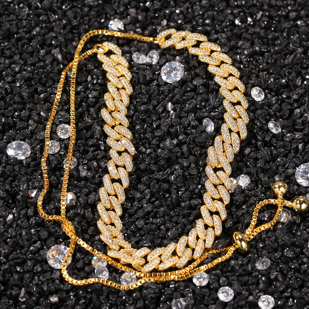 New Full Cubic Zirconia Cuban Link Chain Necklace Length Adjustable Hip Hop Iced Out Gemstone Diamond 18k Rose Gold Choker Necklaces For Women Collar 