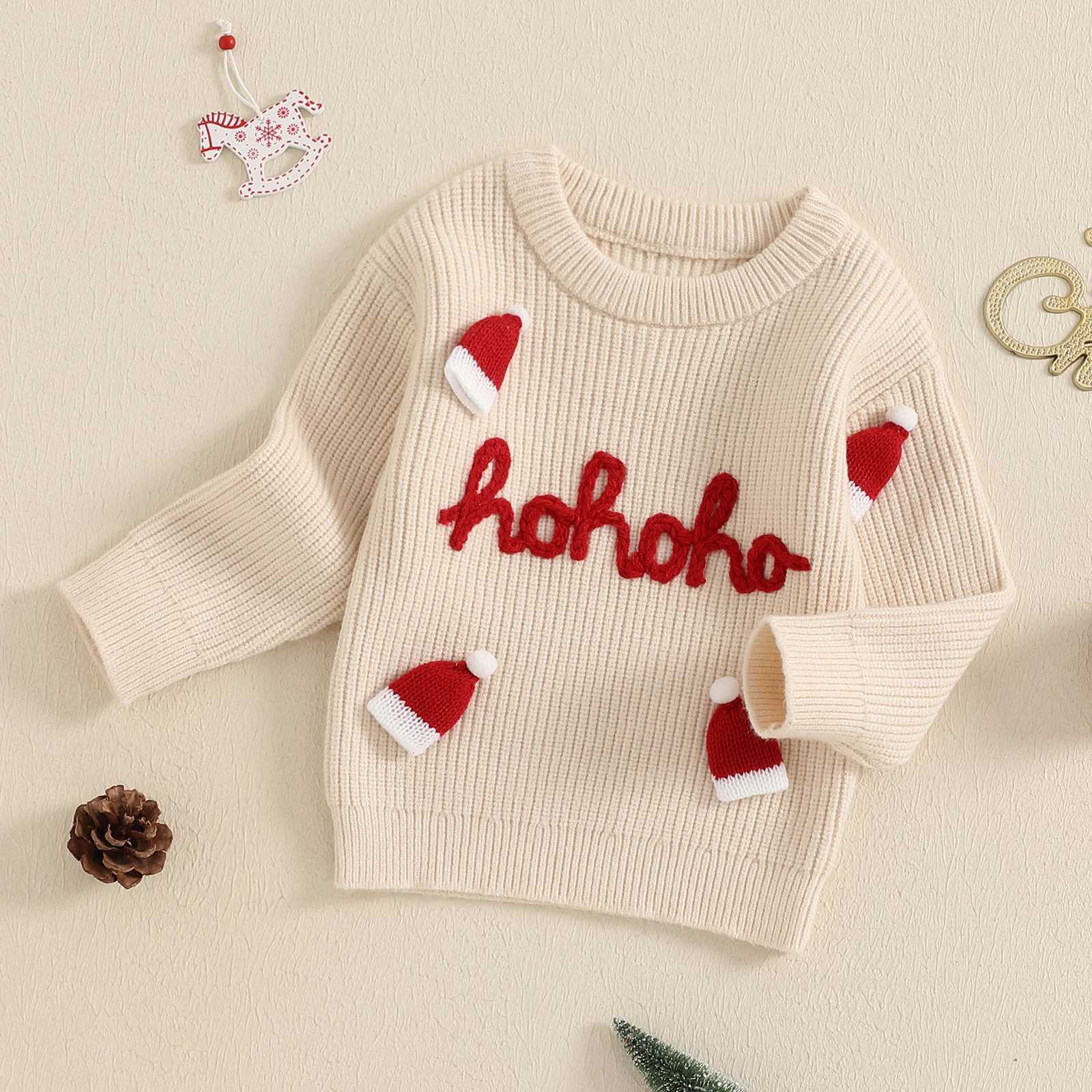 MISOWMNJOY Cute Knitted Baby Christmas Sweater Warm and Casual Newborn Parachute Letter Embroidered Christmas Hat Baby Pullup Top W241205