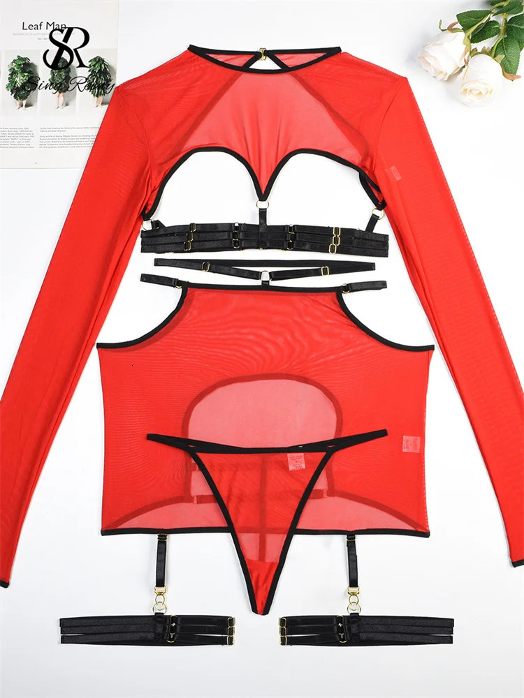 SINGREINY Erotic Sheer Sexuality Underwear Set Hollow Out Bandage Slim Women Shapewear Club Long Sleeve Lingerie 5 Pieces Suits 241205