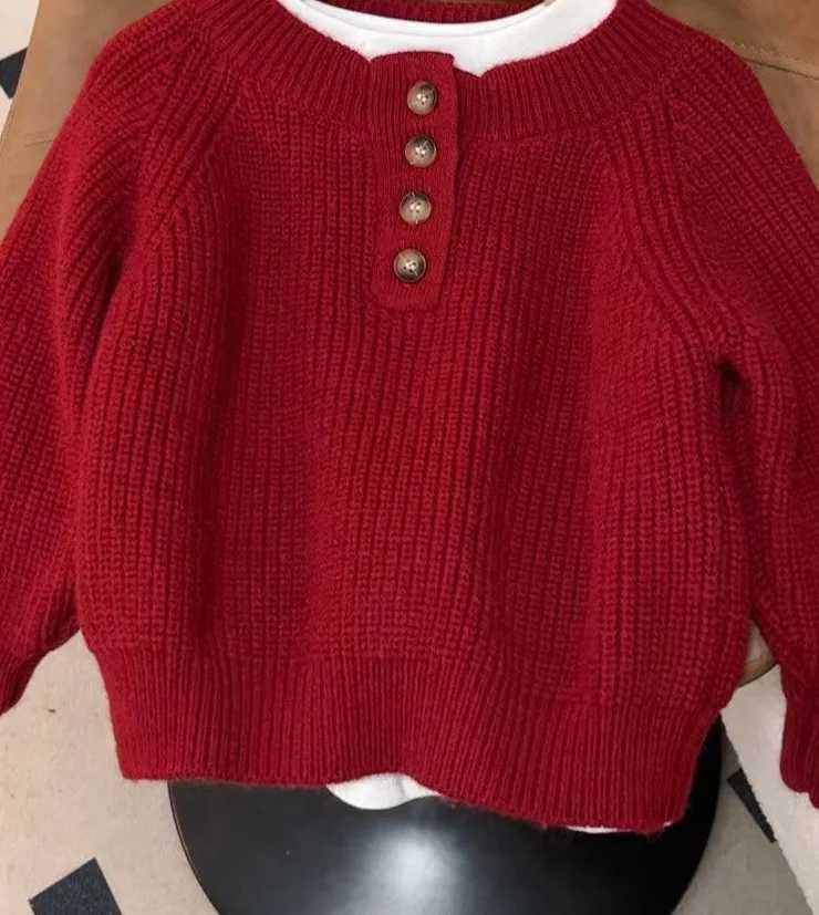 2024 Autumn Winter Sweater New Childrens Red Childrens 0-neck Korean Long sleeved Knitted Solid Color Top W241205