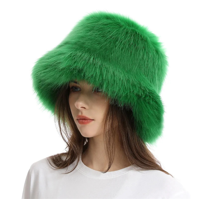 Warm plush bucket hat for women oversized earrings fluffy faux fur hat fashionable fur raccoon fur hat solid color hat 241205