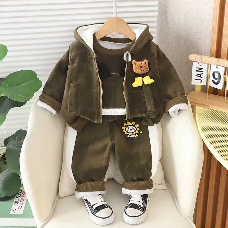 Childrens Autumn Winter Set Velvet Hoodie Boys Girls Top and Pants 3PCS Set Childrens and Toddler Warmth Set 0-4YXJ241205