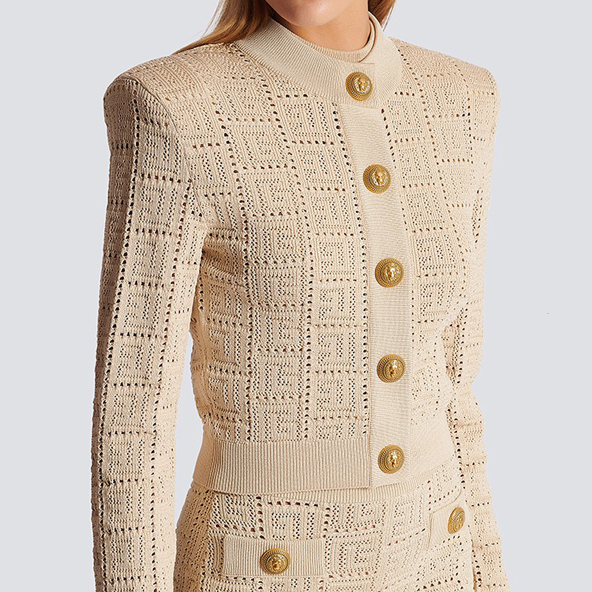 SML High Quality Fashion Elastic Knitted Fabric Labyrinth Hollow Round Neck Single Breasted Long Sleeve Slim Fit Women Cardigan