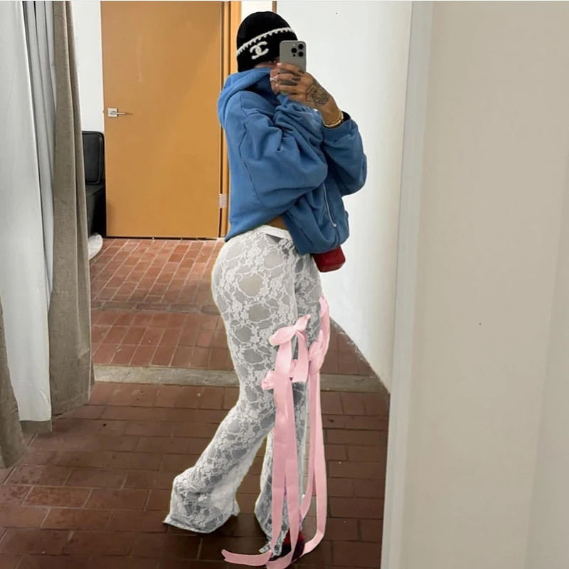 Bow Tie See Through Lace Flare ants Street Wear Bottoms Women y2k Fashion Sexy White High Waisted Pants YY24005DG 241204