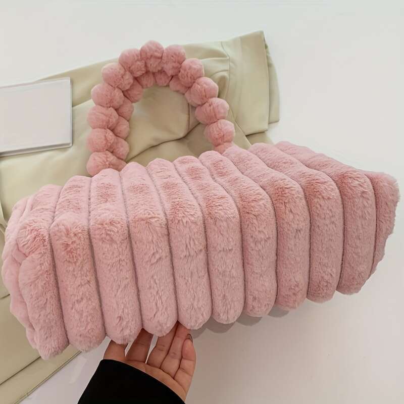 urious Solid Color Fluffy Plush Tote Bag Spacious, Lightweight, Handheld or Shoulder-Worn - Perfect for Autumn, Winter, Travel, Vacations, Shopping, a