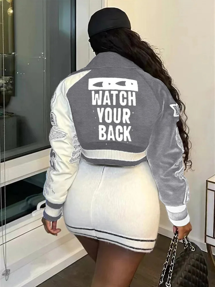 Fashion Baseball Buttons Fall Jackets For Women Crop Tops Jackets Coats Varsity Bomber Long Sleeve Print Green Black Jacket 241205