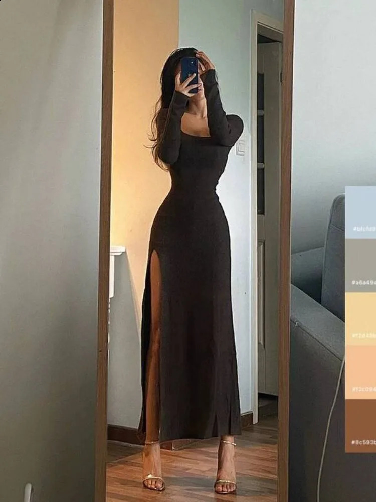 Autumn Vestidos De Mujer Y2k Dress Womens Clothing Long Sleeve Split Tuned Robe Womens Casual Fashion Bodycon Maxi Dress 241205