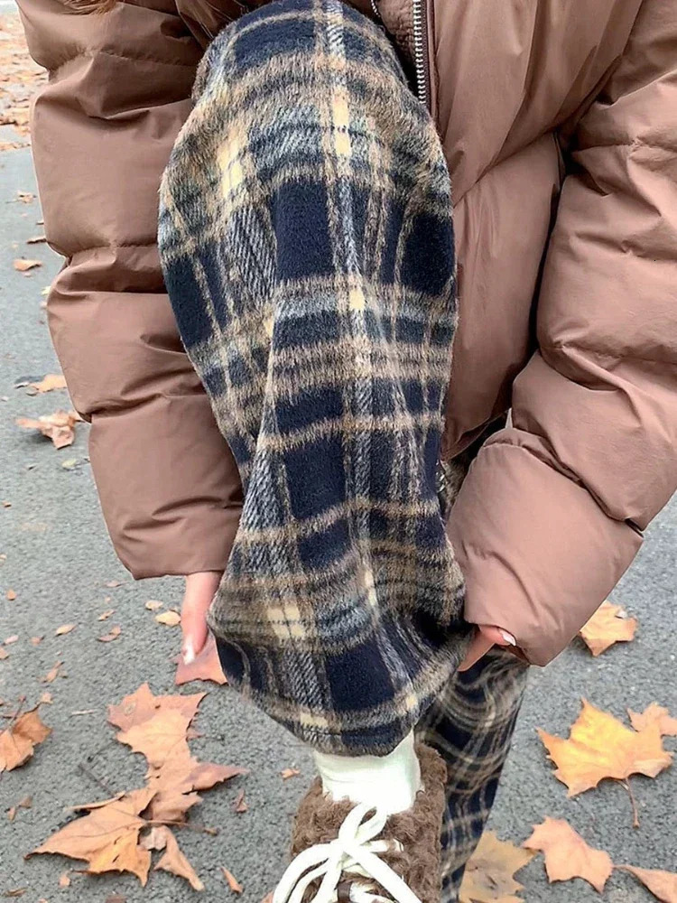 HOUZHOU Vintage Plaid Pants Women Wide Leg Harajuku Korean Style Red Checked Trousers Y2k Streetwear Classic Pants Warm Winter 241204