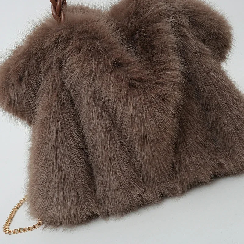 Large capacity solid color faux fur handbag with fashionable pleated for womens winter plush shoulder bag and fluffy soft shopping bag 241205