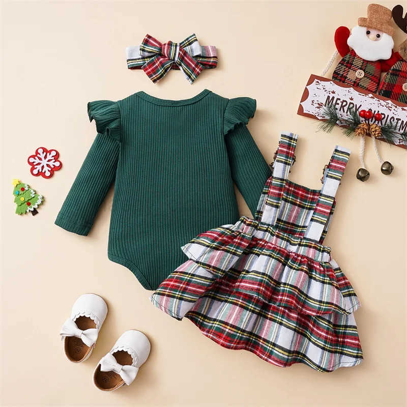 Baby Girl Christmas Clothes Plaid Outfits Long Sleeve Romper Overall Skirt Dress Cute Newborn Baby Xmas Outfit SetXJ241205