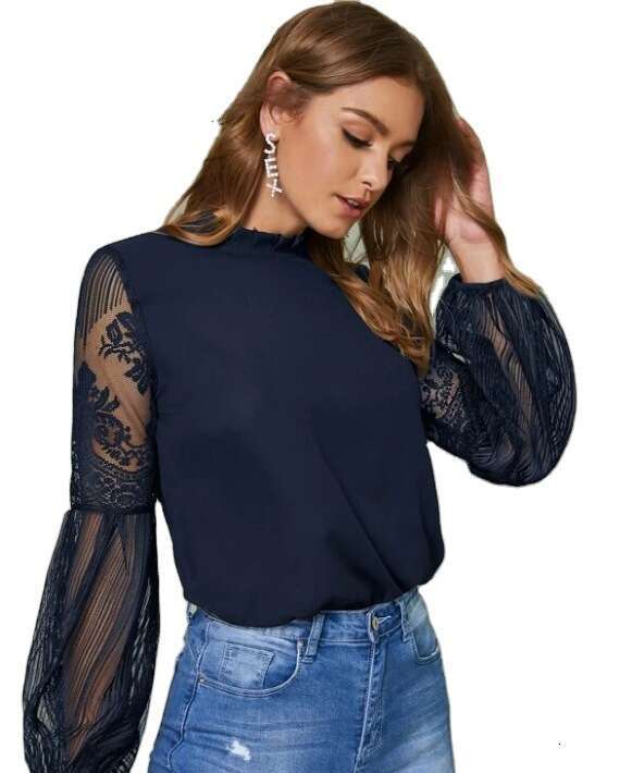 2020 European and American pleated collar see through sheer lace lantern sleeves women's top 2024 temperament versatile new trend clothing ins