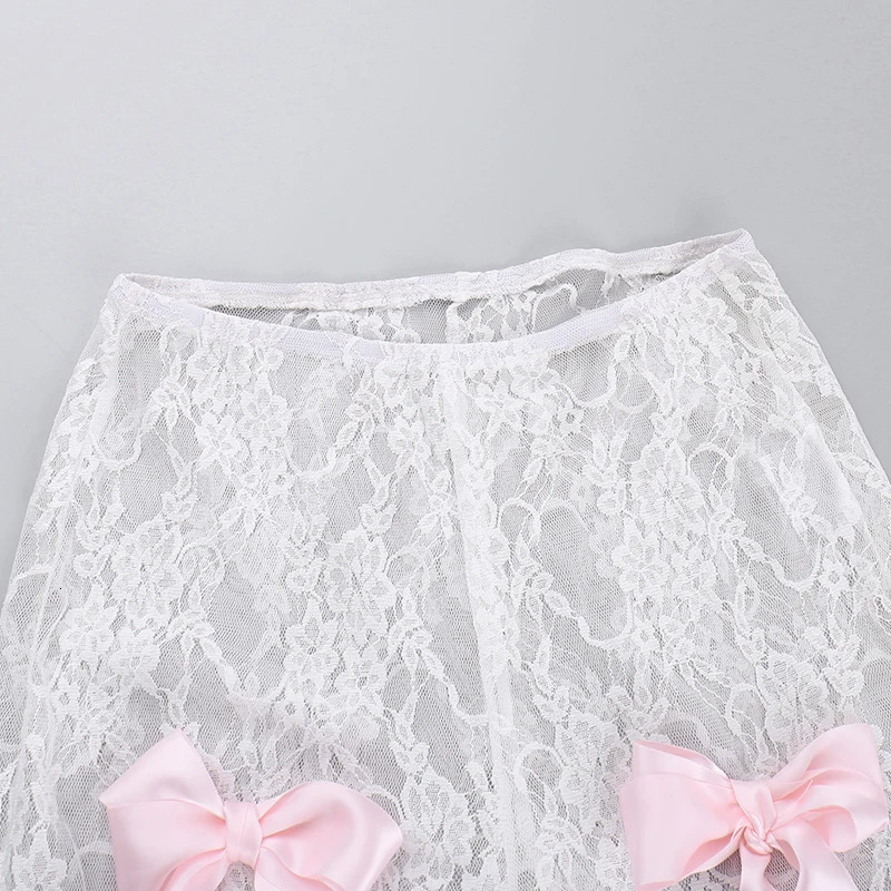 Bow Tie See Through Lace Flare ants Street Wear Bottoms Women y2k Fashion Sexy White High Waisted Pants YY24005DG 241204