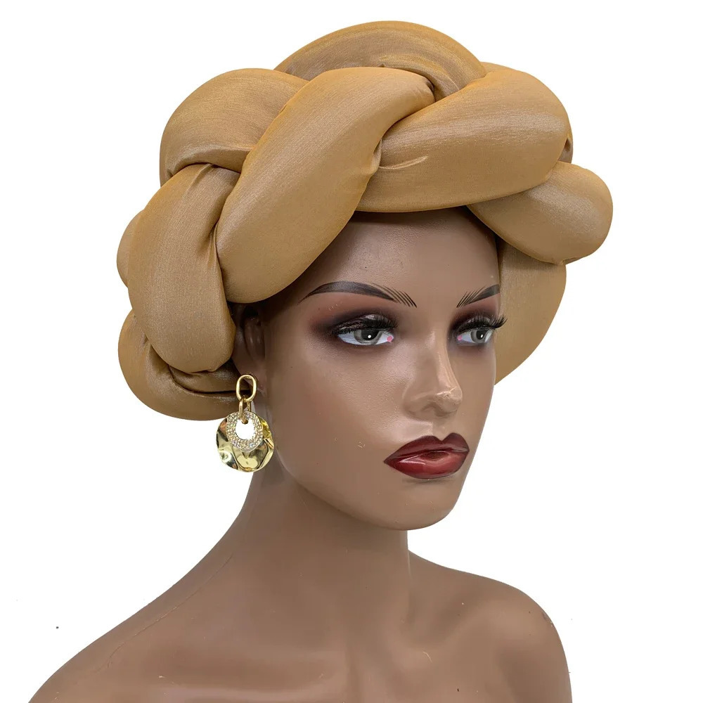 Nigeria Wedding Party Headpiece Female Headband Exaggerated Big Braid Head Band African Raw Silk Turban Cap for Women 241205