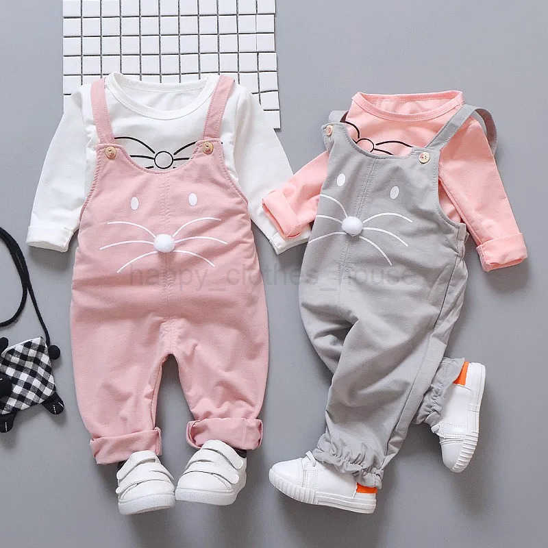 Spring Autumn Baby Girls Set Round Neck Printing Long Sleeve T-shirt + Solid Color Print Strap Pants Two Piece SuitXJ241205
