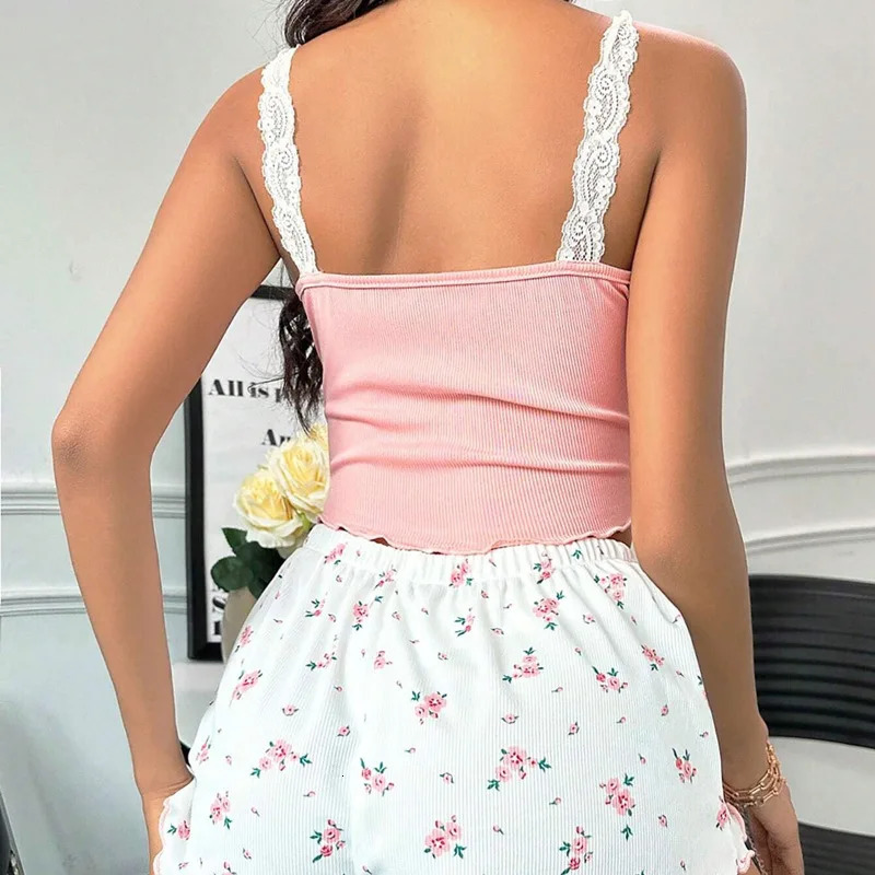 Women Pajama Set Lace Patchwork VNeck Sleepwear Sexy Female Nighties Suit Cami Top Printed Shorts Soft Pyjamas Loungewear 2psc 241204