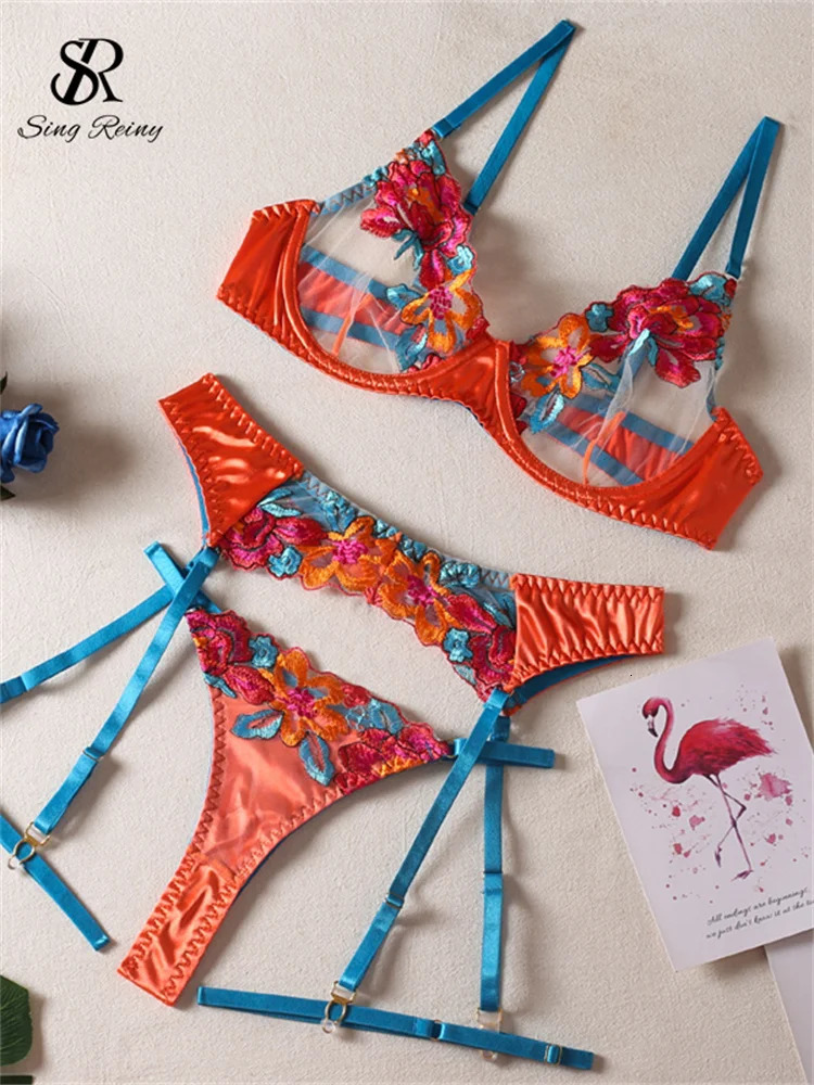 SINGREINY Sensual Embroidery Sheer Underwear Sets Erotic Skinny Backless Fashion Shapewear Floral Porno Sexy Bra Briefs Suits 241205