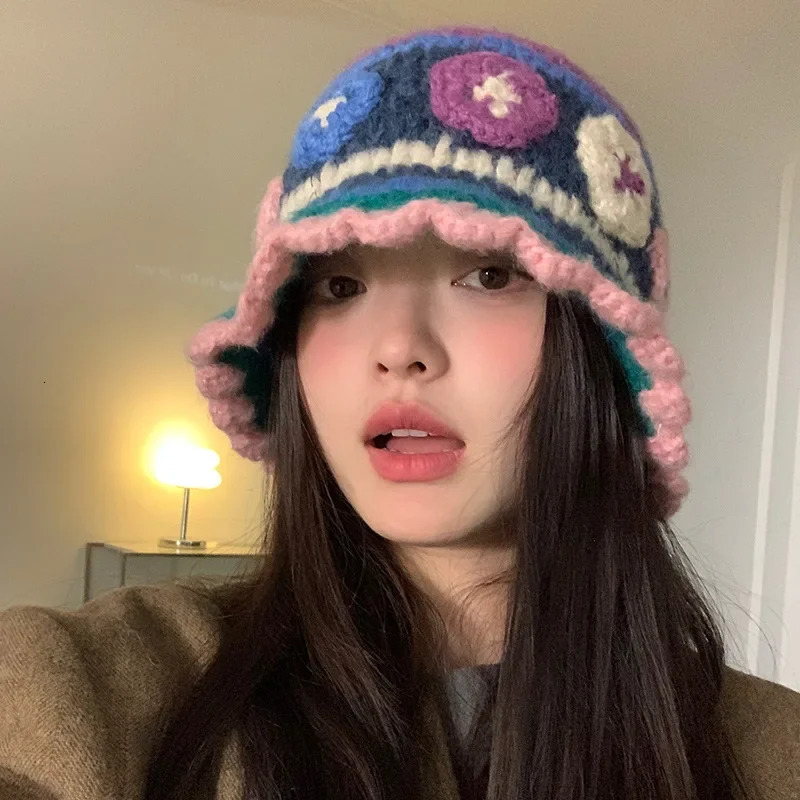 Japanese flower knitted bucket hat handmade crochet comparison striped basin hat womens autumn and winter warm wool hat 241205