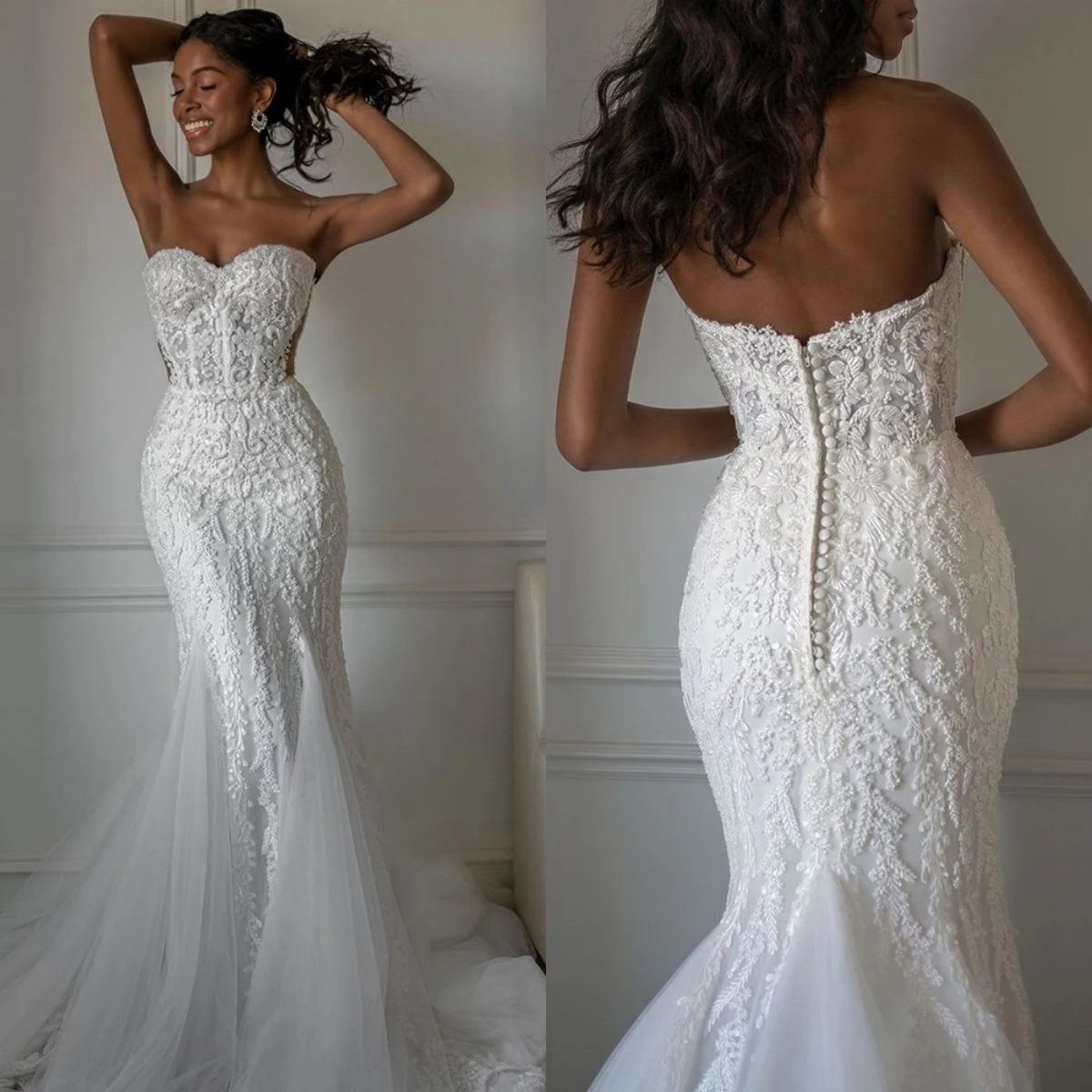 Classic Mermaid Wedding Dresses Appliques Strapless Bride Gowns Sleeveless Backless Button Customize Bridal Dress Sweep Train Vestido De Novia 0218