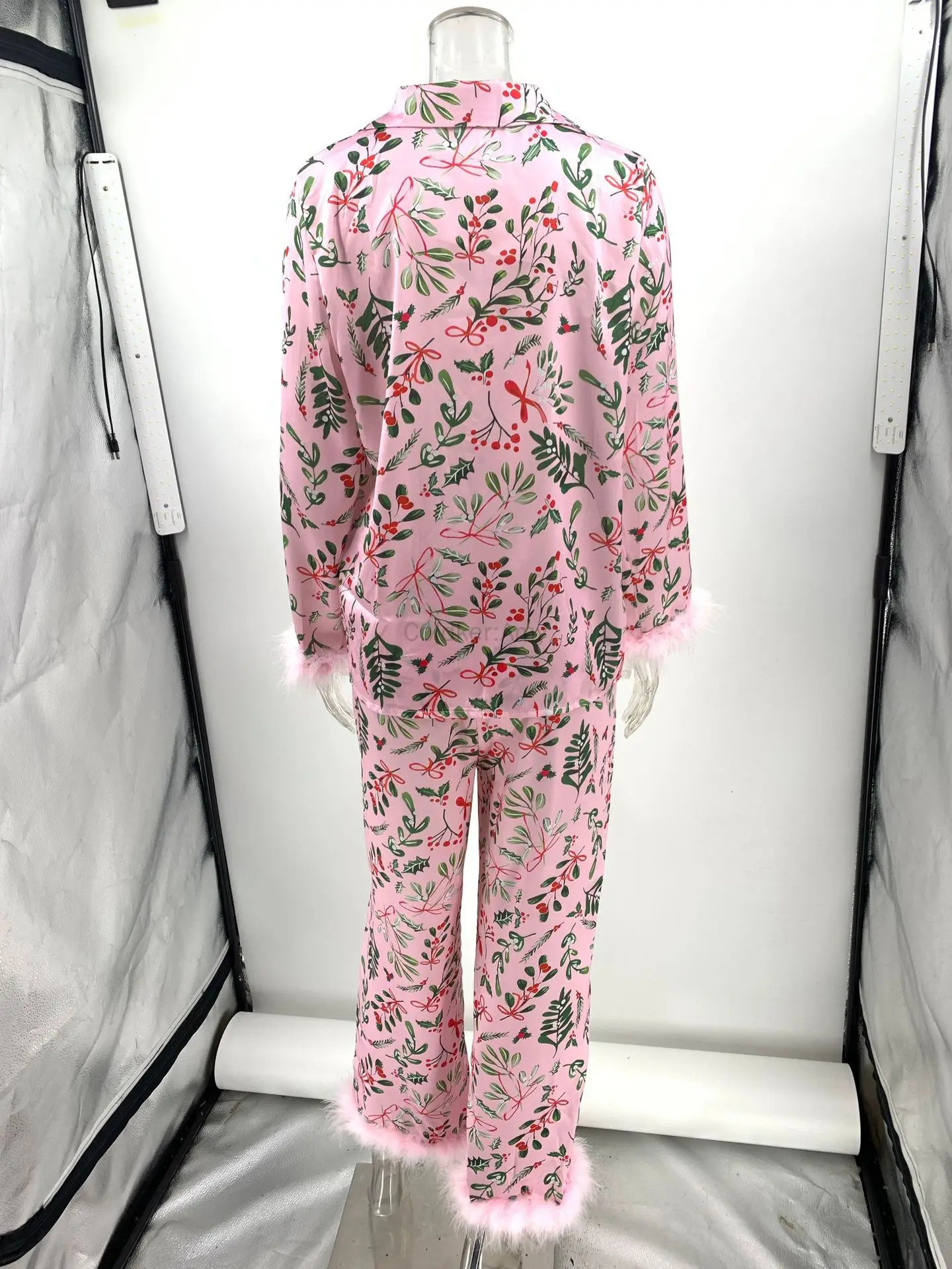 Womens Christmas Pajama Set Long Sleeve Button Down Decorative Shirt Matching Pants 2-piece Lounge Set 241204