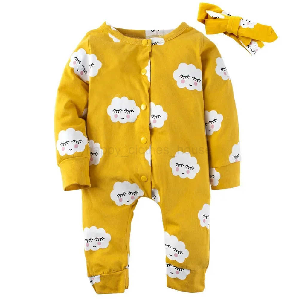Newborn Infant Baby Girls 2pcs Clothes Set Toddler Long Sleeve Clouds Printed Romper Jumpsuit with Hairband Spring Autumn OutfitXJ241205