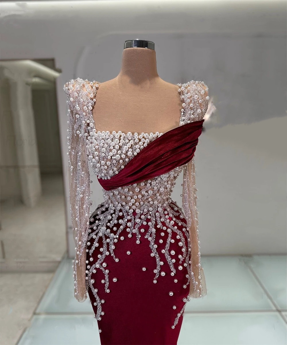 Vintage Pearls Evening Dresses Sequins Square Neck Prom Gown Long Sleeves Sweep Train Elegant Party Dress Customized Vestidos de noche