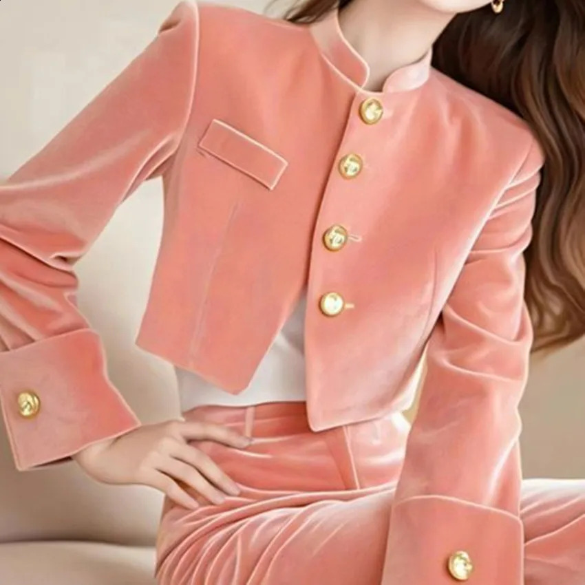 Elegant Velvet Jacket Suit Women Stand Collar Golden Single Breasted Blazer High Waist Wide Leg Pants 2 Piece Set Outfits 805P 241205