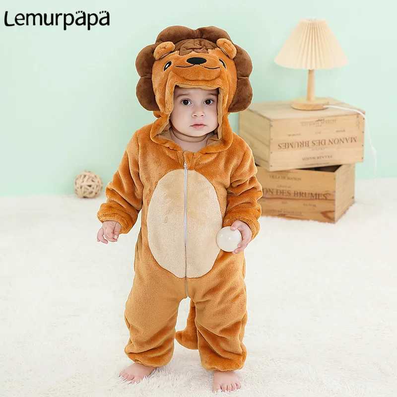 Pajamas Baby Boys Girls Thicken Onesie Infant Winter Warm Zipper Hoodie Jumpsuit Anime Cartoon Lion Rompers Pajamas H241205