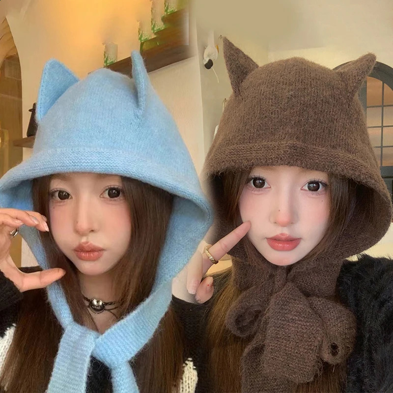 Korean solid wool fluffy cat ear knitted hat autumn thick warm hat fashionable protection ear and neck protection hat 241205