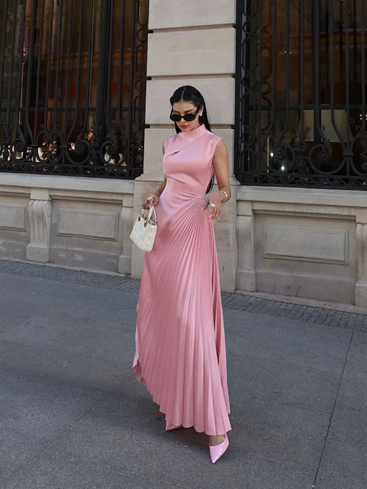 Women Elegant Pink Pleated Stand Collar Long Dresses Fashion Sleeveless Waist Up Slim Fit Vestidos Female High Street Robes 241204