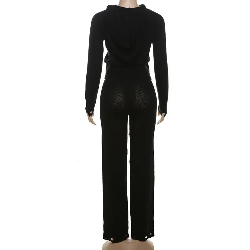 Women Solid Knitted Sweater Two 2 Piece Set Hollow Out Long Sleeve Zipper Hooded Jacket Tops Straight Pants Autumn Tracksuits 241204