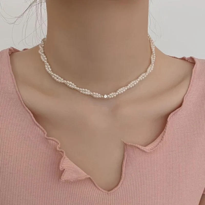 Zircon pearl necklace hand woven fashionable French retro style jewelry gift for wife 241205