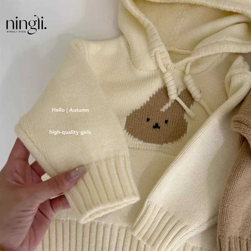 Autumn Childrens Girls Sweater Cotton Knitted Hoodie Rabbit Jacquard Elastic Childrens Girls Hoodie Childrens Knitted W241205
