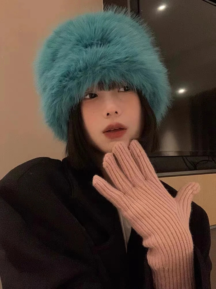 Plush Fishermans Hat Thickened Winter Plush Mink Hair Y2K Round Top Womens Bucket Hat 241205