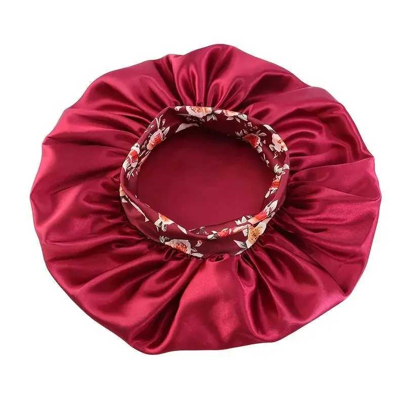 Large satin hat with Bohemian floral print elastic headband soft salon hair hat casual evening sleeping hat bath hatXJ241205