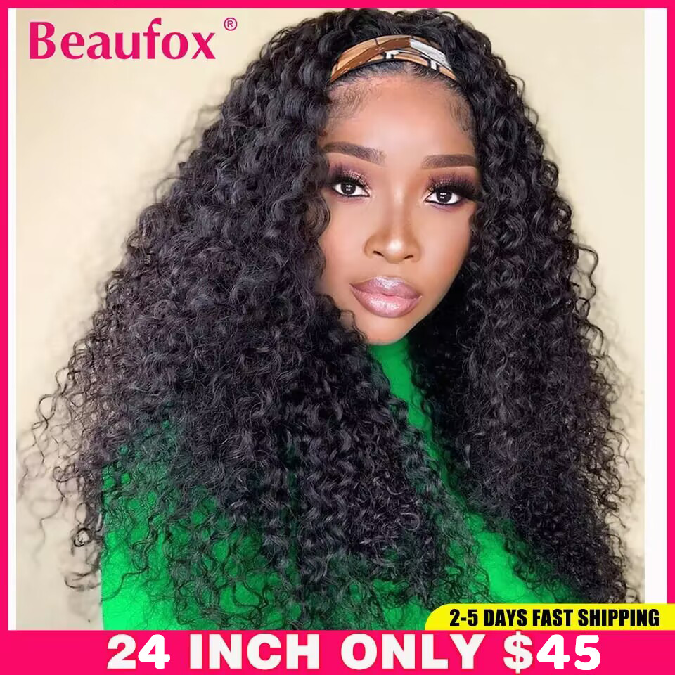 Beaufox Water Wave Headband Wigs For Black Women Brazilian Scarf Hine Made Highlight Curly Human Hair Wig