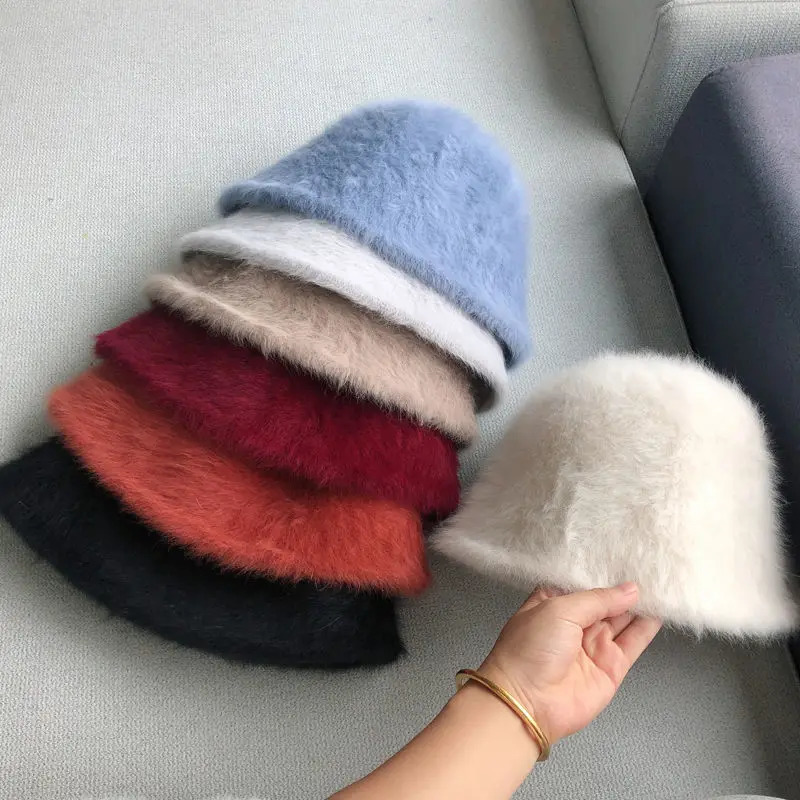 Soft wool blended rabbit fur fisherman bucket hat womens autumn and winter retro basin hat cold resistant warm head gear in 7 colors 241205