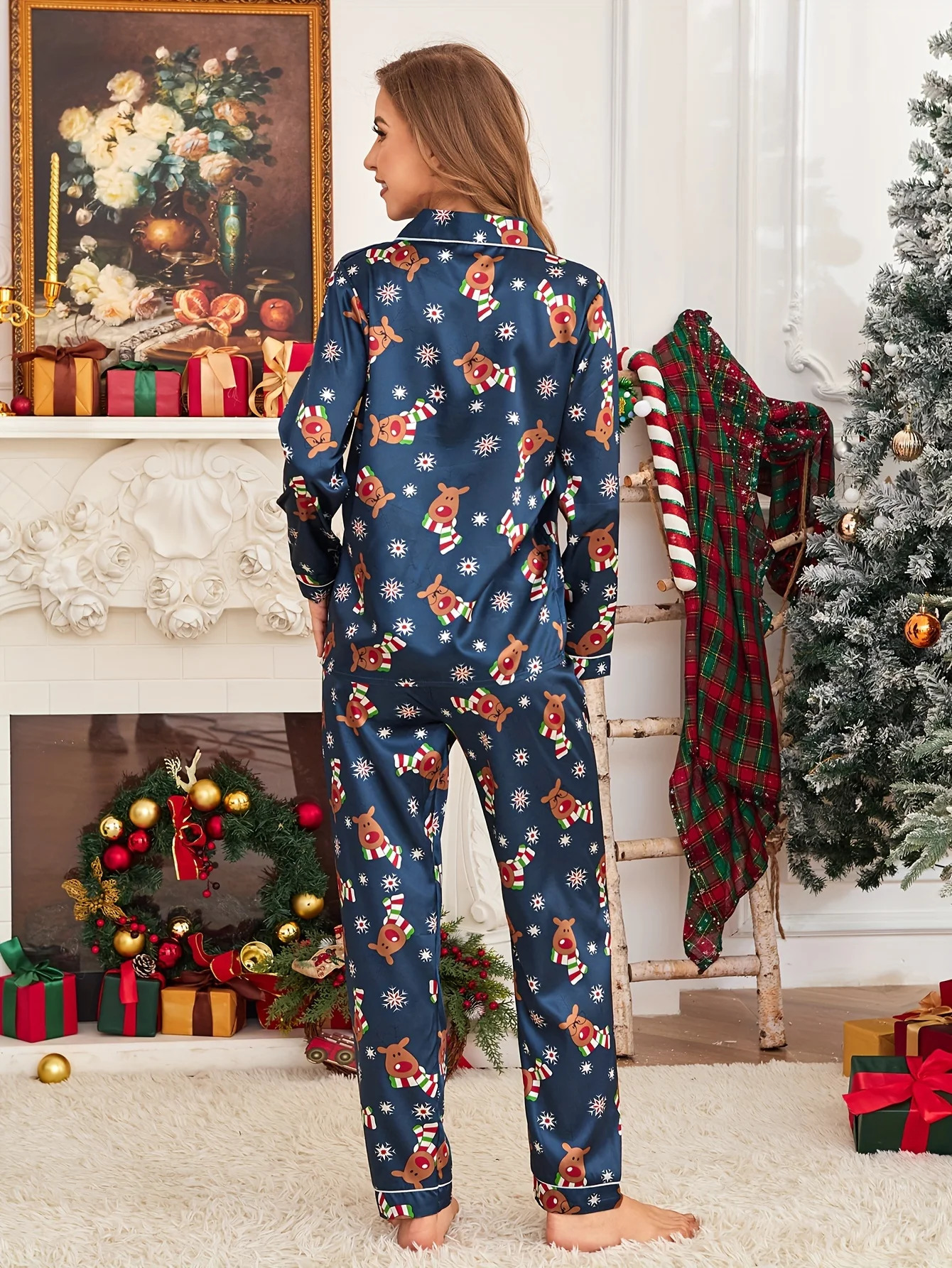 Cute Christmas Reindeer Snowflake Print Pajama Set with Satin Material Party Style Button Detail Long Sleeve Long Pants f 241204