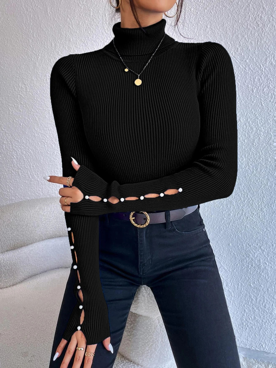 autumn and winter womens folding turtle neck long cut pearl sleeve sweater casual rib knitted skydiving top womens Y2K clothing 241202
