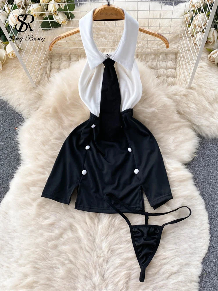 SINGREINY Halter Backless A-line Erotic Night Dress Women Porno Uniform Tie Sleeveless Short Bodycon Sexy Pajamas Dress 241205