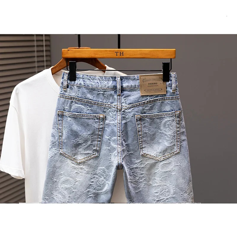 Summer Personality Dragon Print Stylish Straight Blue Denim Shorts Male Street Style Mens Straight Denim Shorts 241205
