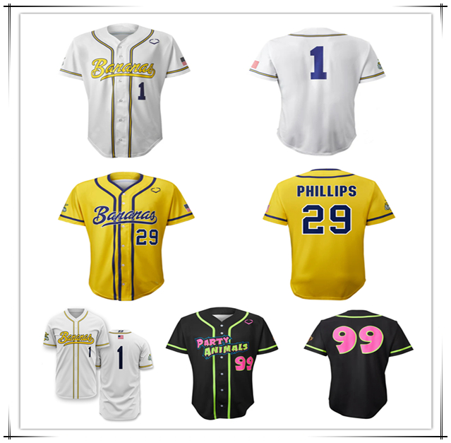 Savannah Bananas Baseball Jerseys Jared Donalson DR Meadows Bill LeRoy Jackson Olson DJ the Invader Dalton Mauldin Eric Jones Andy Archer Kyle Luigs Hosley Brandon