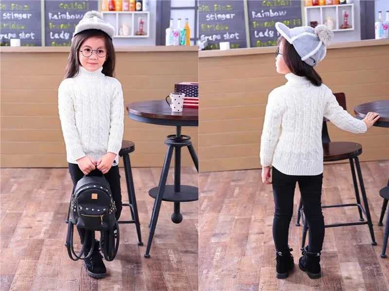 PHILOLOGY Plush lined Solid Color Winter Boys and Girls Childrens Thick Knitted Cow Neck Shirt Solid Color High Collar Plush Long Sleeve Sweater W2412