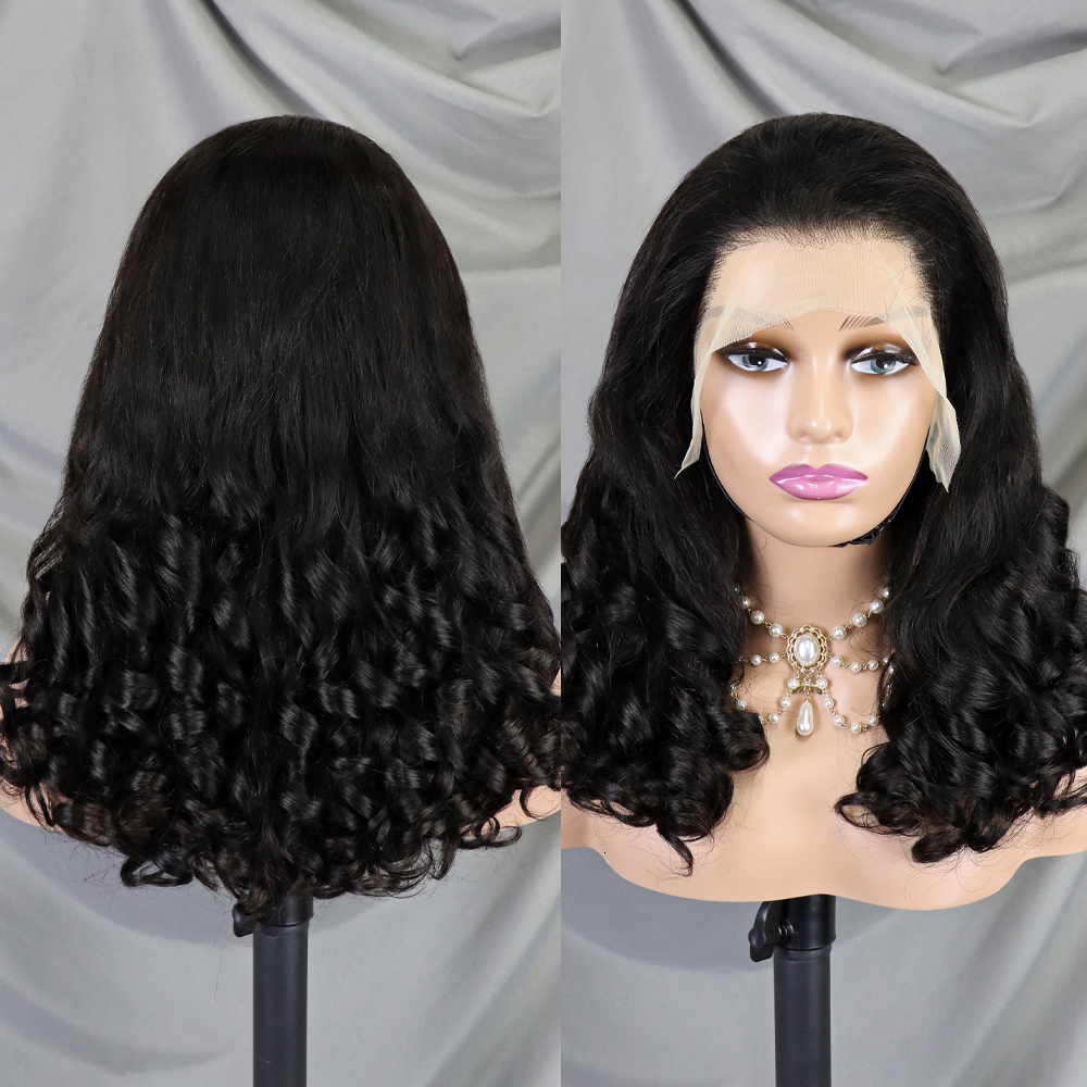 300 Density 100% Human Loose Wave Fumi Bouncy Curly Ombre Double Drawn Hair 13X4 HD Lace Frontal Wigs