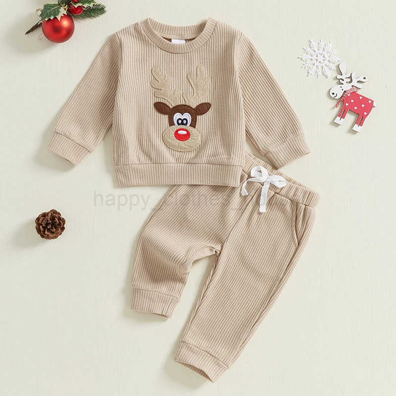 Baby Boy 2Pcs Christmas Outfits Long Sleeve Reindeer Embroidery Ribbed Sweatshirt and Pocket Drstring Pants Set Winter ClothesXJ241205