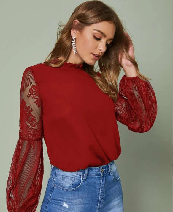 2020 European and American pleated collar see through sheer lace lantern sleeves women's top 2024 temperament versatile new trend clothing ins